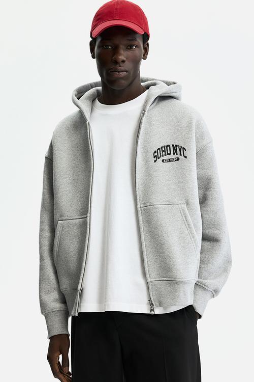Oversized fit printed zip-through hoodie - grey marl/soho nyc