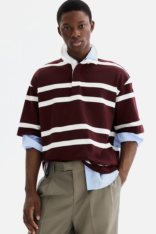 Loose fit cotton polo shirt - burgundy/striped