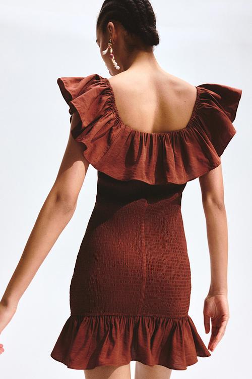 Flounced off-the-shoulder dress - rust brown