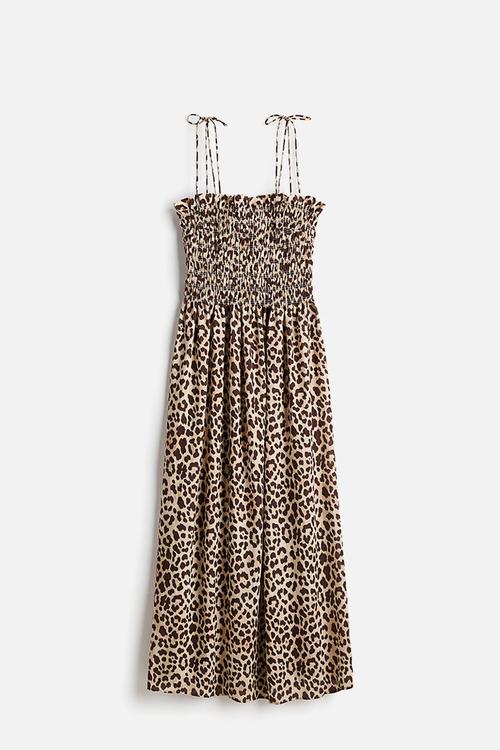 Smocked-bodice tie-strap dress - beige/leopard print