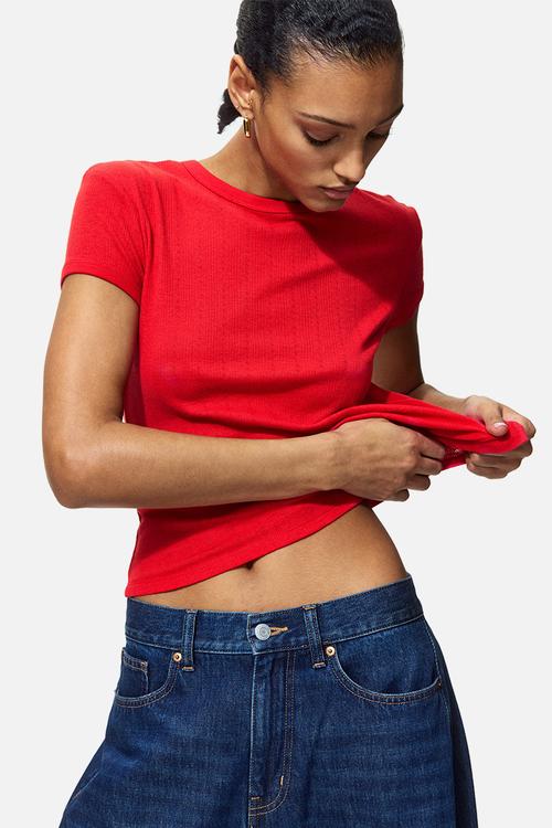 Pointelle-knit T-shirt - bright red