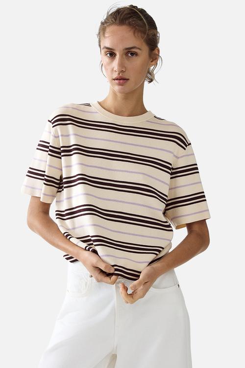 Knitted T-shirt - light beige/dark brown striped