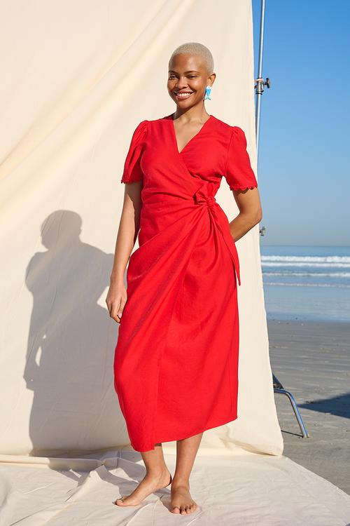 Functional Wrap Dress with RicRac Detail - Red