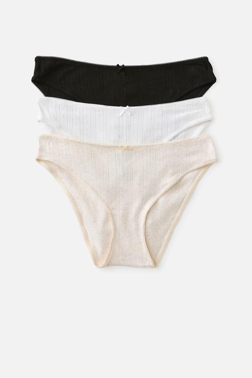 Cotton pointelle bikini brief 3 pack - black/white/butterscotch