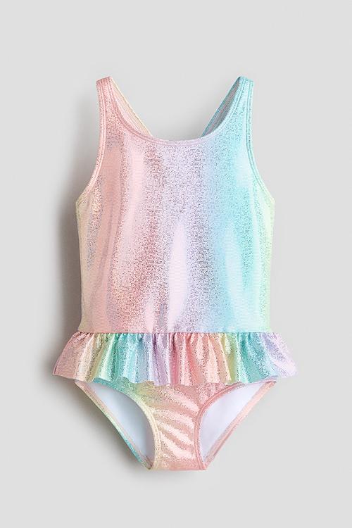 Flounce-trimmed swimsuit - light orange/rainbow-striped