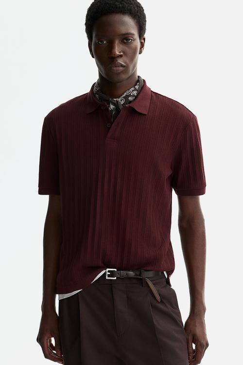 Slim fit textured jersey polo shirt - burgundy
