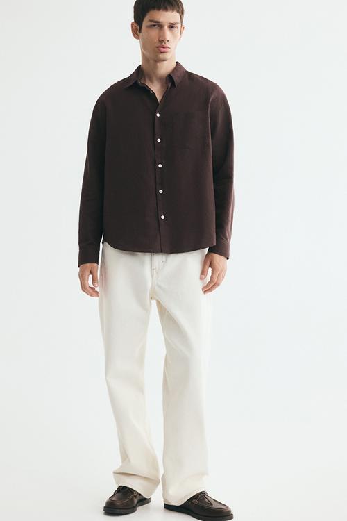 Relaxed fit linen-blend shirt - dark brown