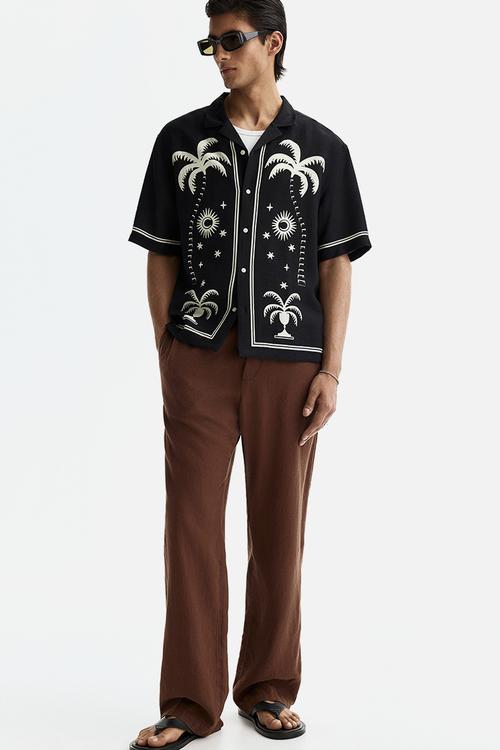 Relaxed fit linen-blend trousers - light brown