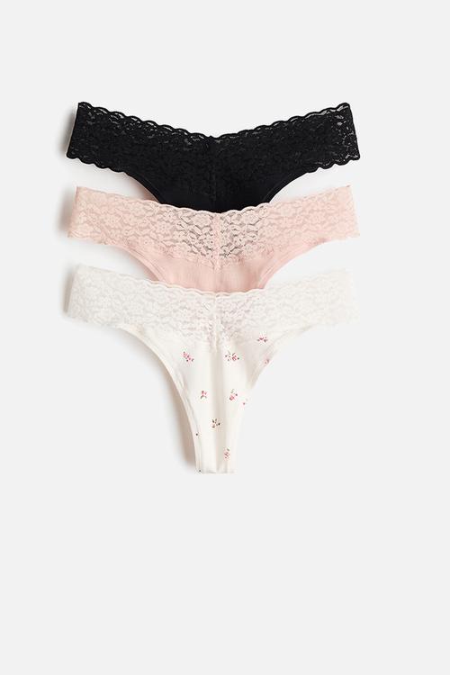 3-pack cotton and lace thong briefs - cream/floral
