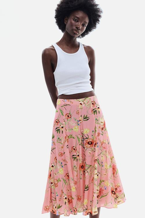 Pleated viscose skirt - light pink/floral