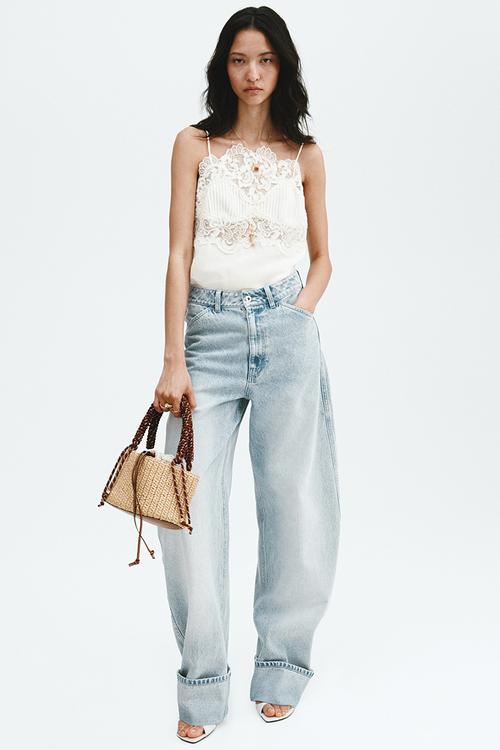 Linen-blend lace-detail top - white