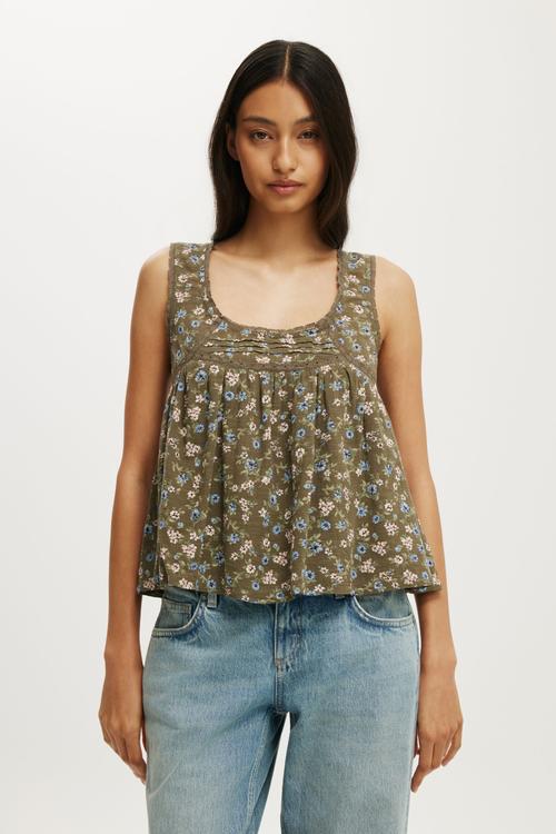 Sunspell Scoop Neck Tank - Elizabeth Ditsy/Khaki