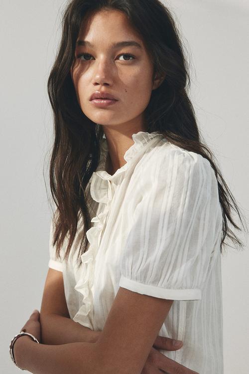 Frill-trimmed cotton blouse - white