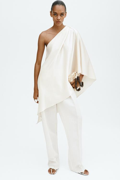 One-shoulder satin top - cream