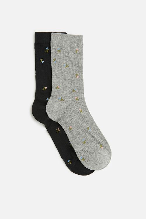 2Pk floral detail socks - black/grey