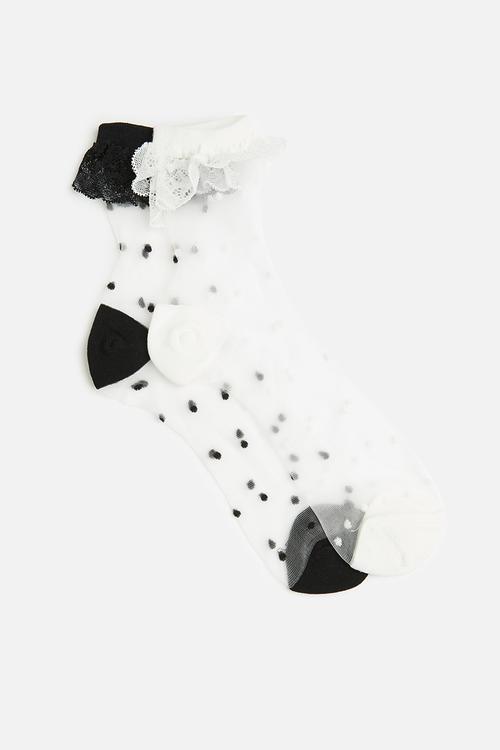 2Pk polka dot frill trim sheer socks - black/white