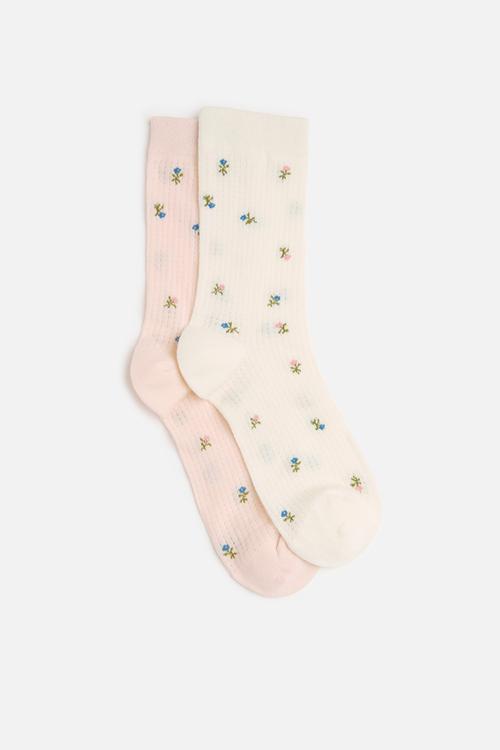 2Pk floral detail socks - pink/white