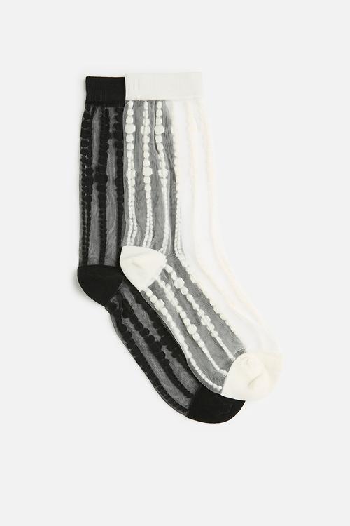 2Pk striped sheer socks - black/white
