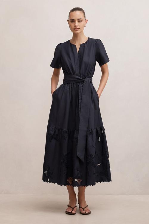 Matilda embroidered tie midi dress in navy