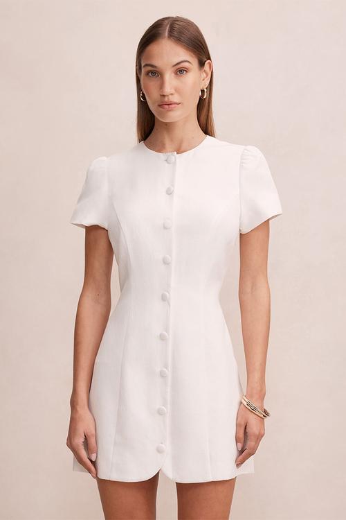 Elinda button up linen mini dress - porcelain