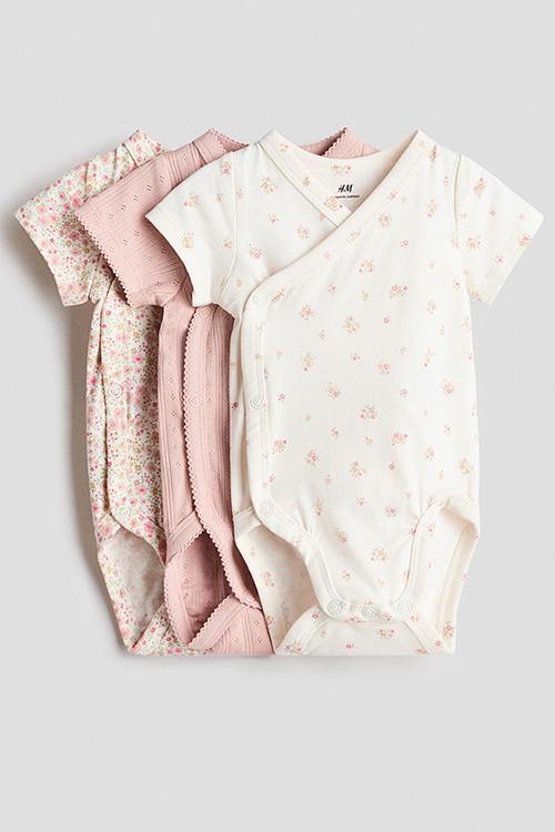 3-pack wrapover bodysuits - light dusty pink/floral