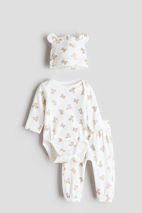 3-piece cotton jersey set - white/teddy bears