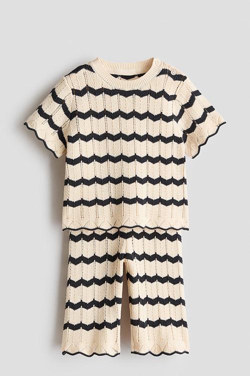 2-piece pointelle-knit cotton set - light beige/striped