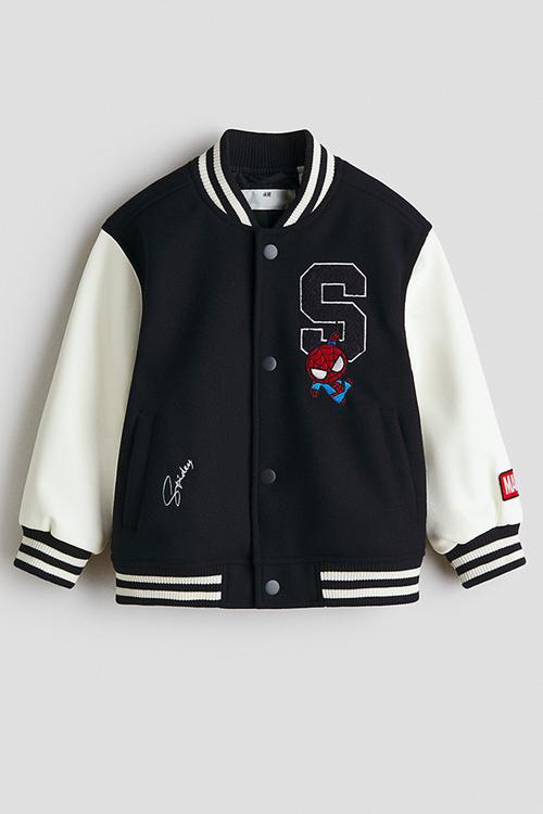 Motif-detail baseball jacket - navy blue/marvel comics