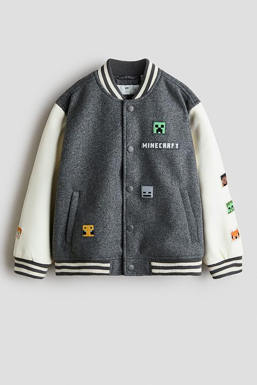 Motif-detail baseball jacket - grey/minecraft