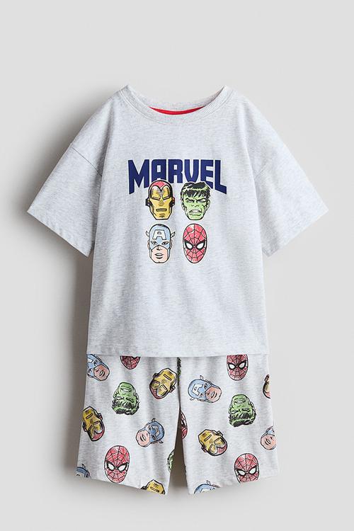 Printed cotton pyjamas - light grey marl/marvel comics