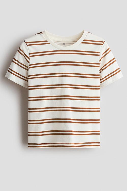 Printed cotton T-shirt - white/brown striped