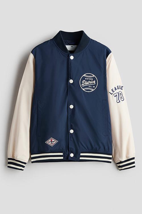Motif-detail baseball jacket - navy blue/cream