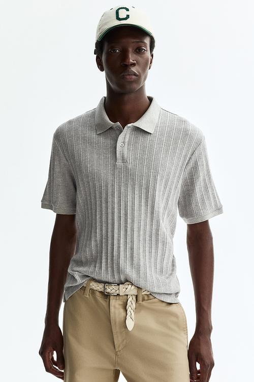 Slim fit textured jersey polo shirt - light grey marl