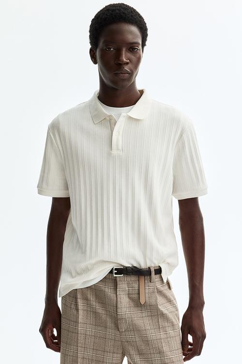 Slim fit textured jersey polo shirt - cream