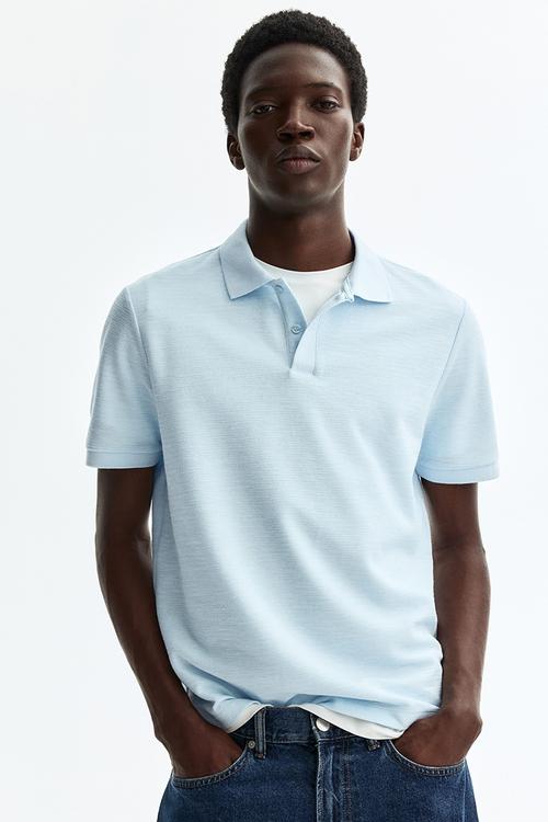 Slim fit jacquard-knit polo shirt - light blue