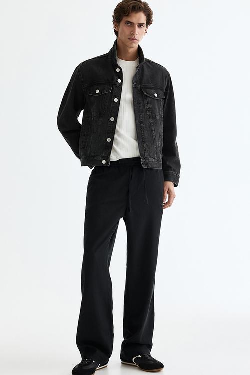 Relaxed fit linen-blend trousers - black