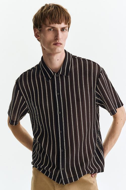 Regular fit textured-knit shirt - dark brown/striped