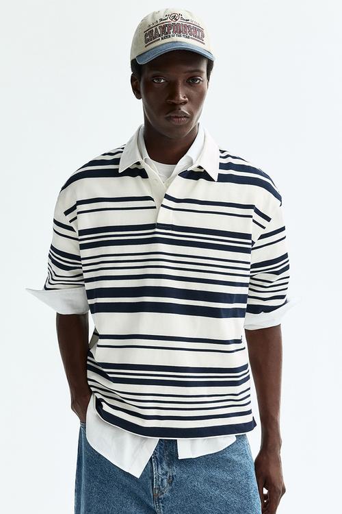 Loose fit cotton polo shirt - white/striped