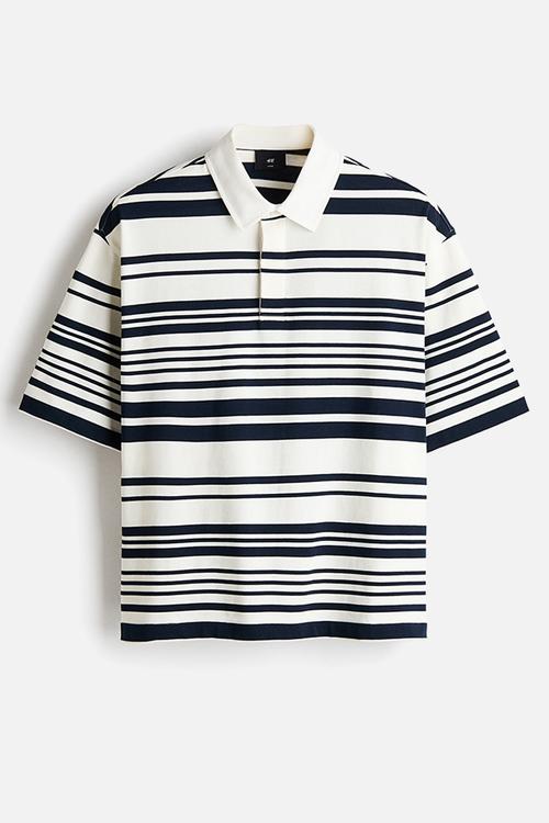 Loose fit cotton polo shirt - white/striped