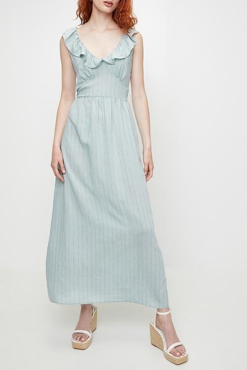 Ladies V Neck Frill Sleeveless Stripe maxi Dress - Light Blue Stripe