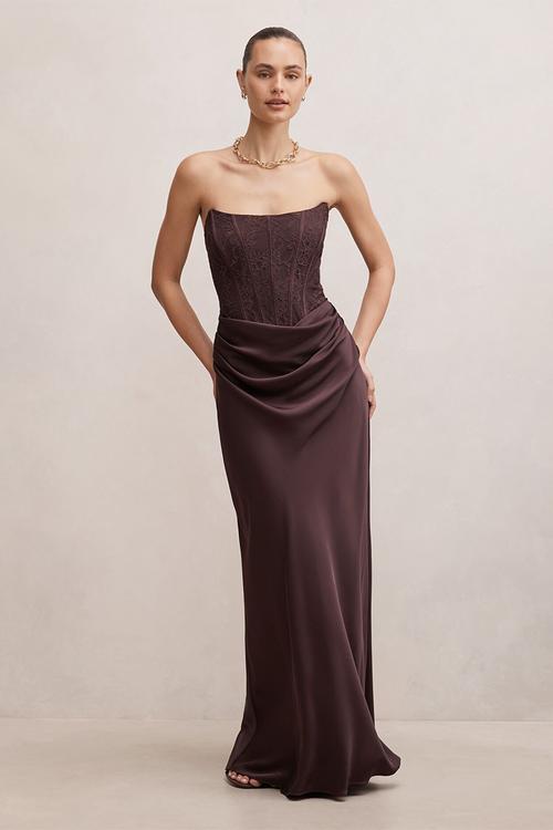 Ivy lace corset drape maxi dress in dark chocolate