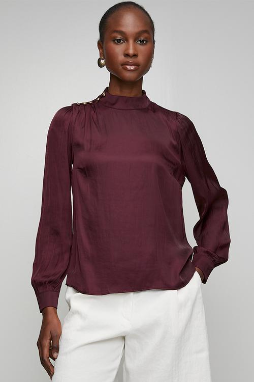 Judy Satin Btn High Neck Blouse - Burgundy