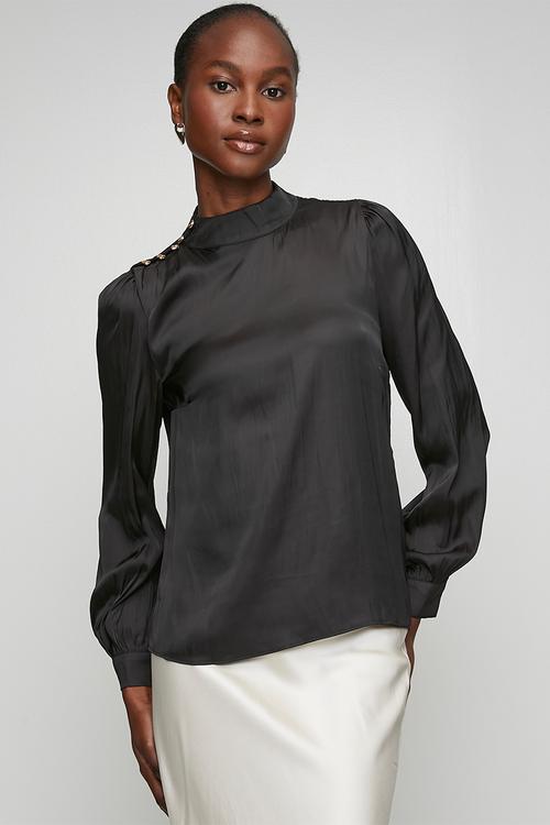 Judy Satin Btn High Neck Blouse - Black