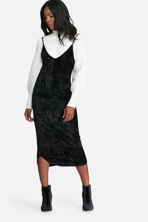 Crushed velvet v-neck midi slip dress