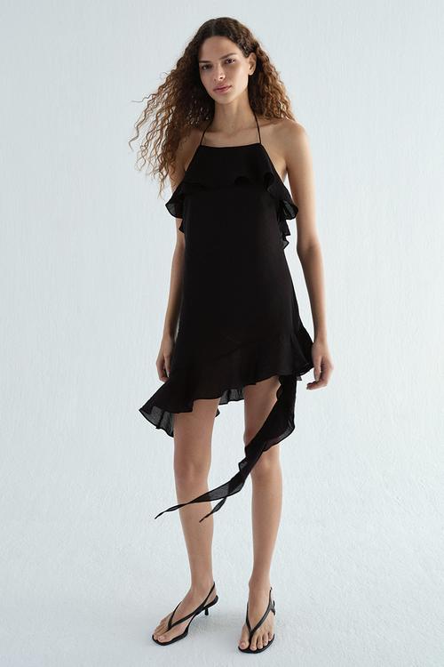 Flounced halterneck dress - black