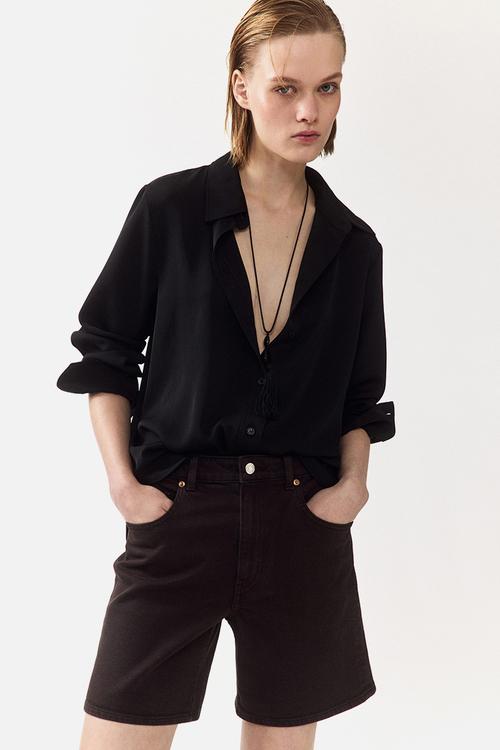 High-waisted denim shorts - dark brown