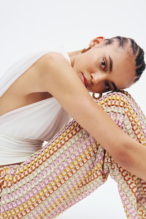 Crochet-look trousers - light beige/purple/green