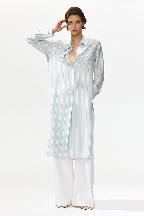 Long viscose-blend shirt - light blue/striped