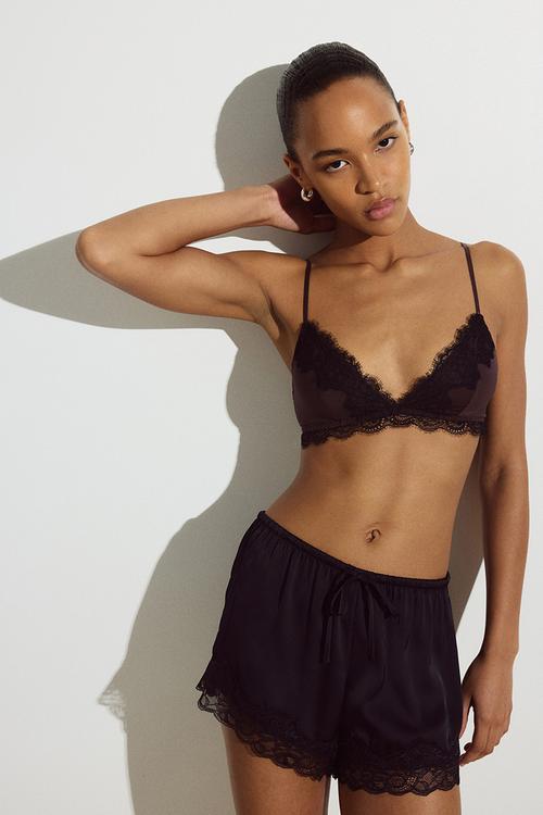Padded soft microfibre and lace bra - dark brown/black