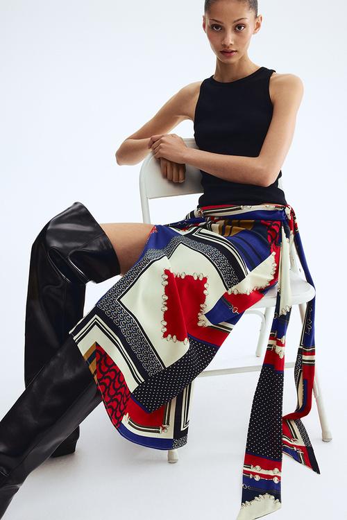 Scarf-detail skirt - red/blue patterned
